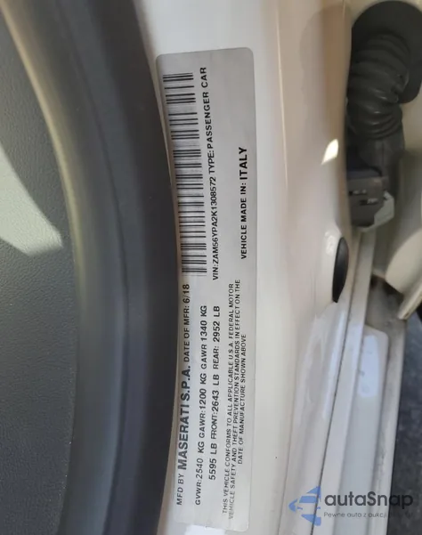 2019 Maserati Quattroporte S z USA, uszkodzony, nr VIN ZAM56YPA2K1308572